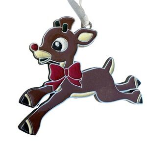 Rudolph the Red-Nosed Reindeer Metal Enamel Christmas Ornament Silver Tone Brown